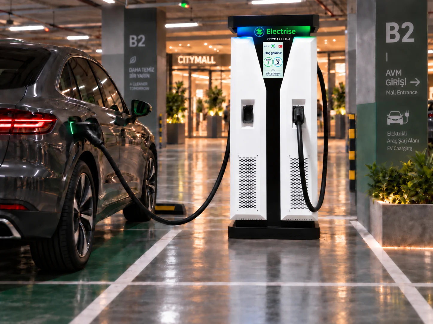 AVM otoparkında yeni ekran arayüzlü Electrise şarj istasyonu ve elektrikli araç
