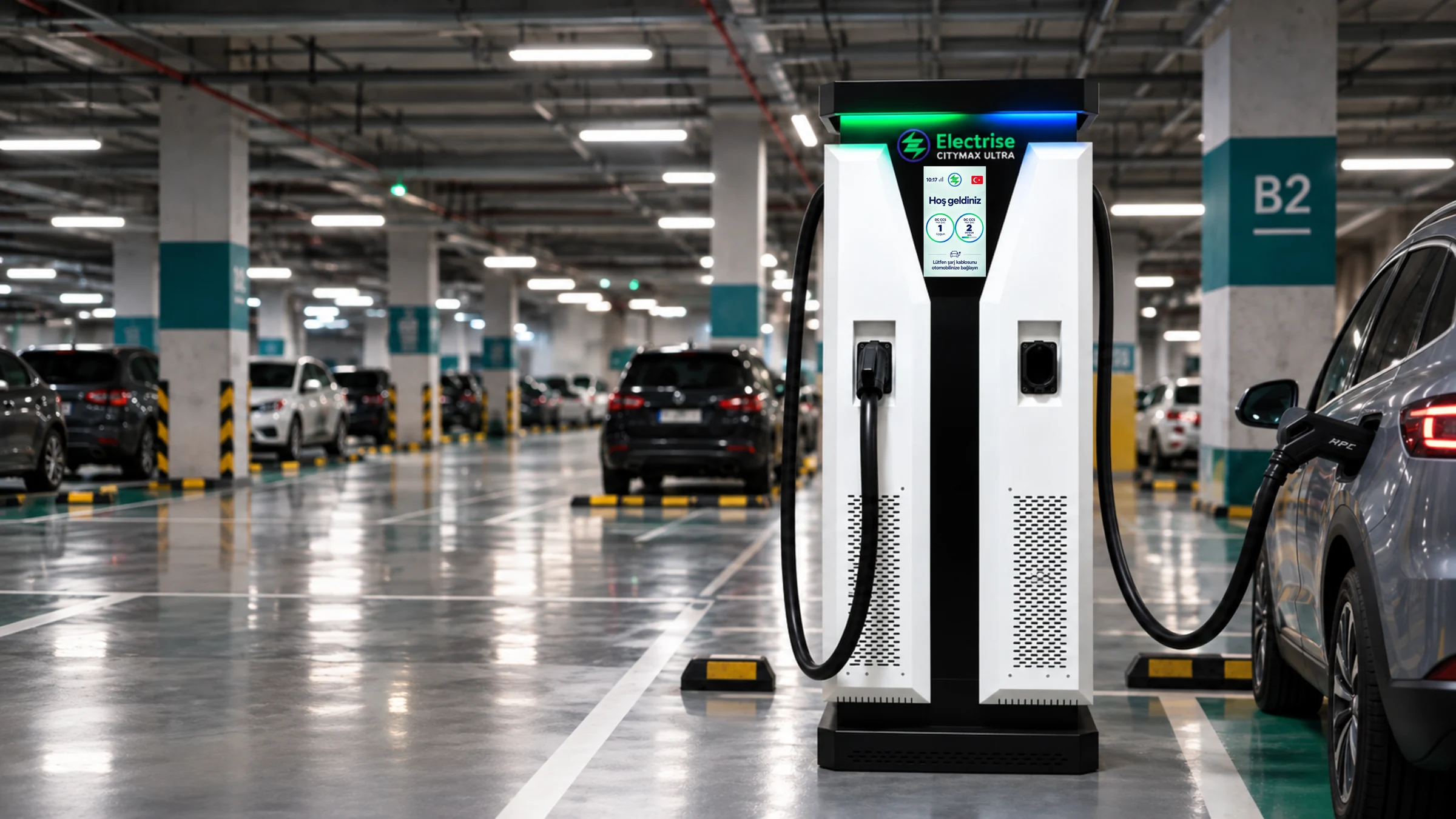Kapalı otoparkta yeni ekran arayüzlü Electrise DC şarj istasyonu