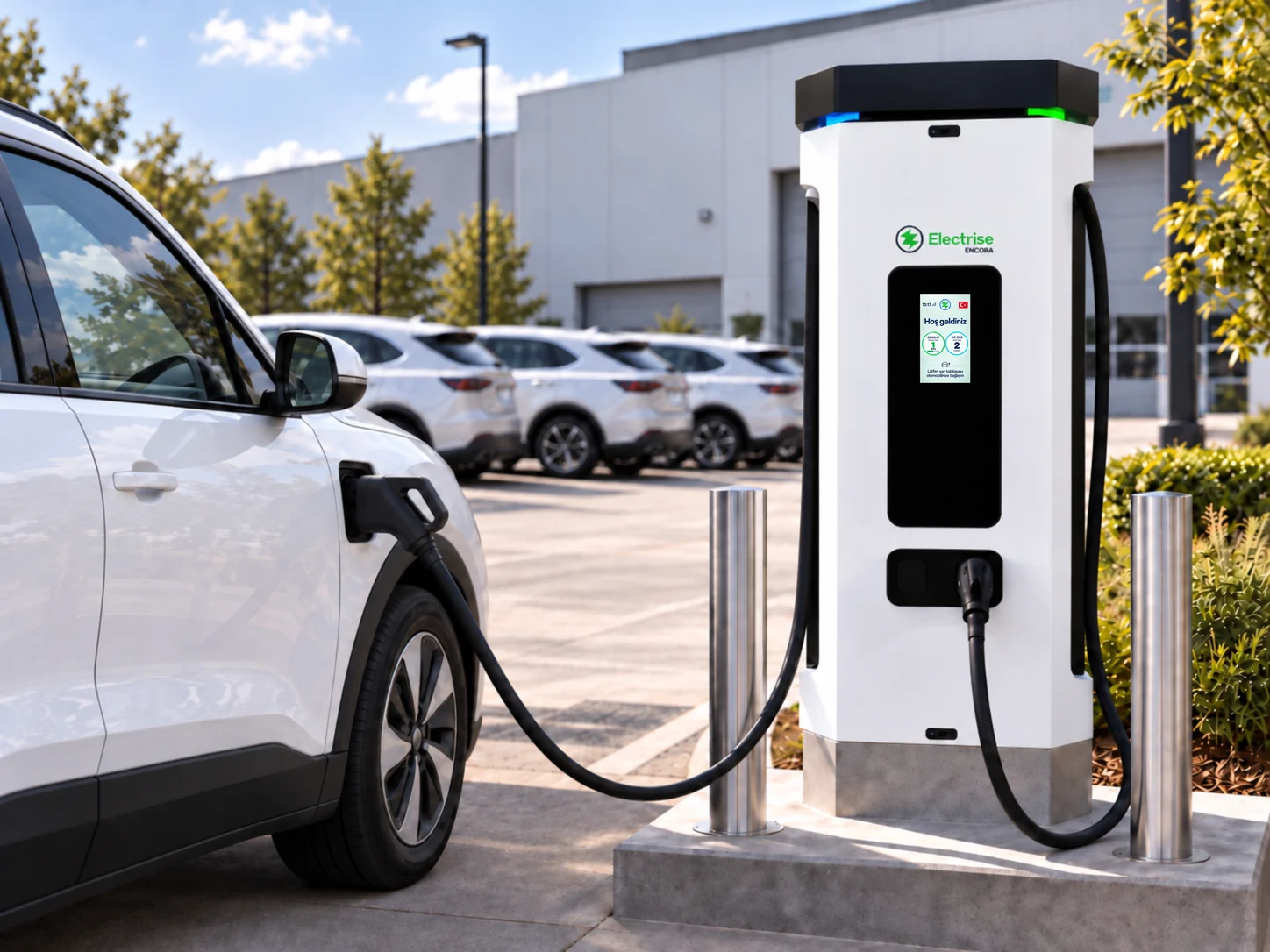 Filo otoparkında elektrikli araç ve Electrise DC şarj istasyonu