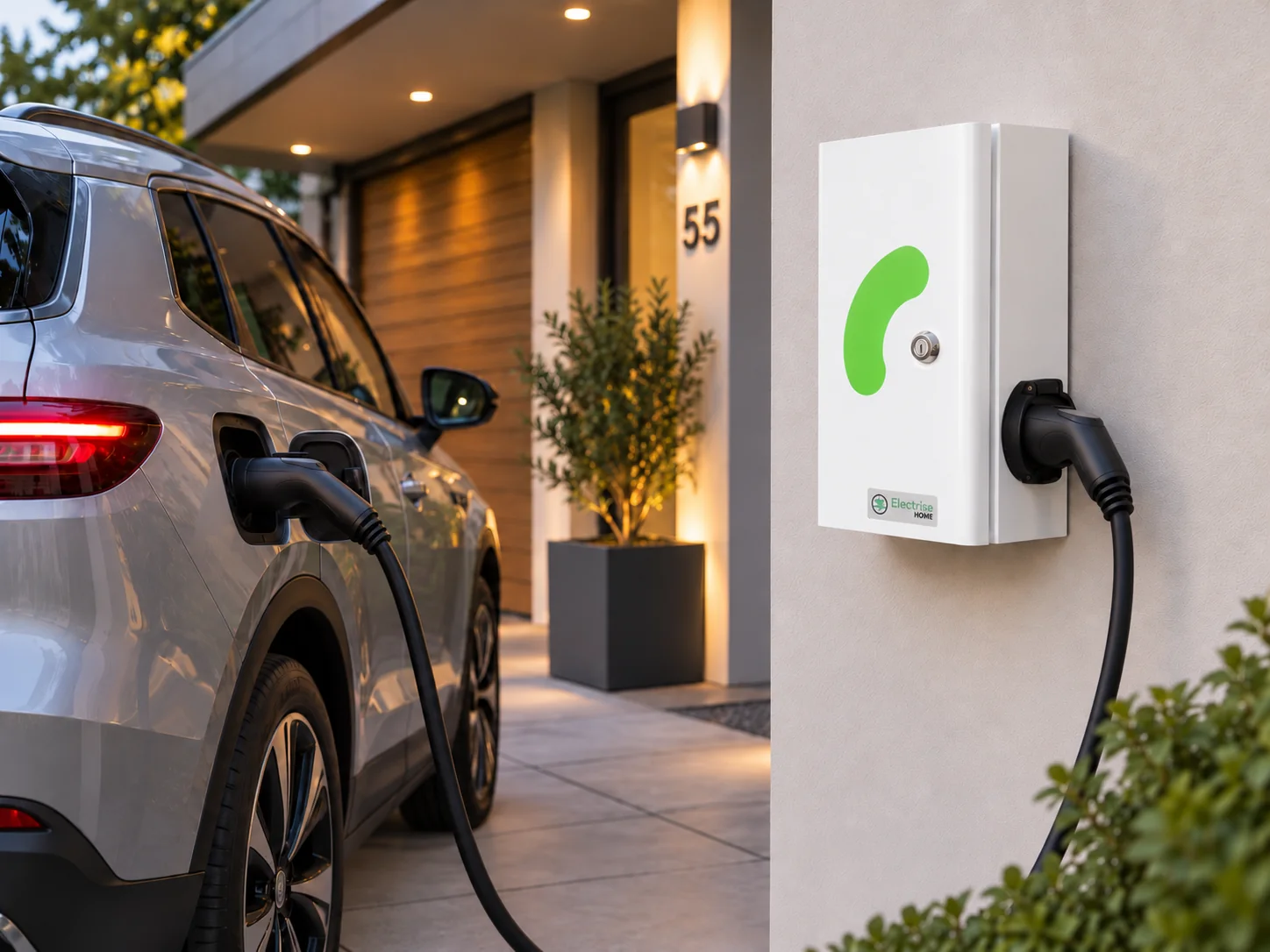 Müstakil evin park alanında elektrikli araç ve duvara monte Electrise AC şarj cihazı