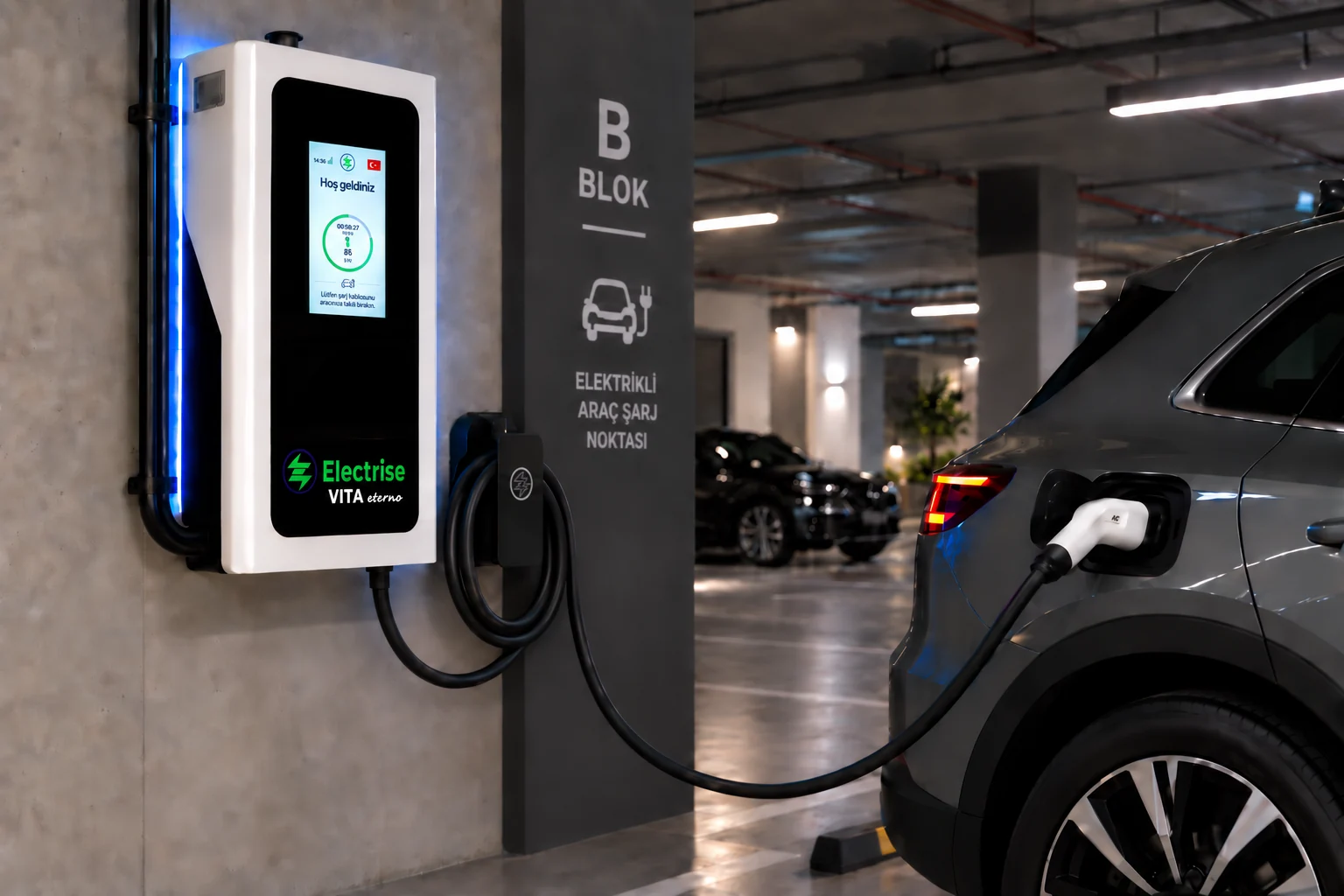 Site otoparkında Electrise Vita Eterna şarj istasyonu
