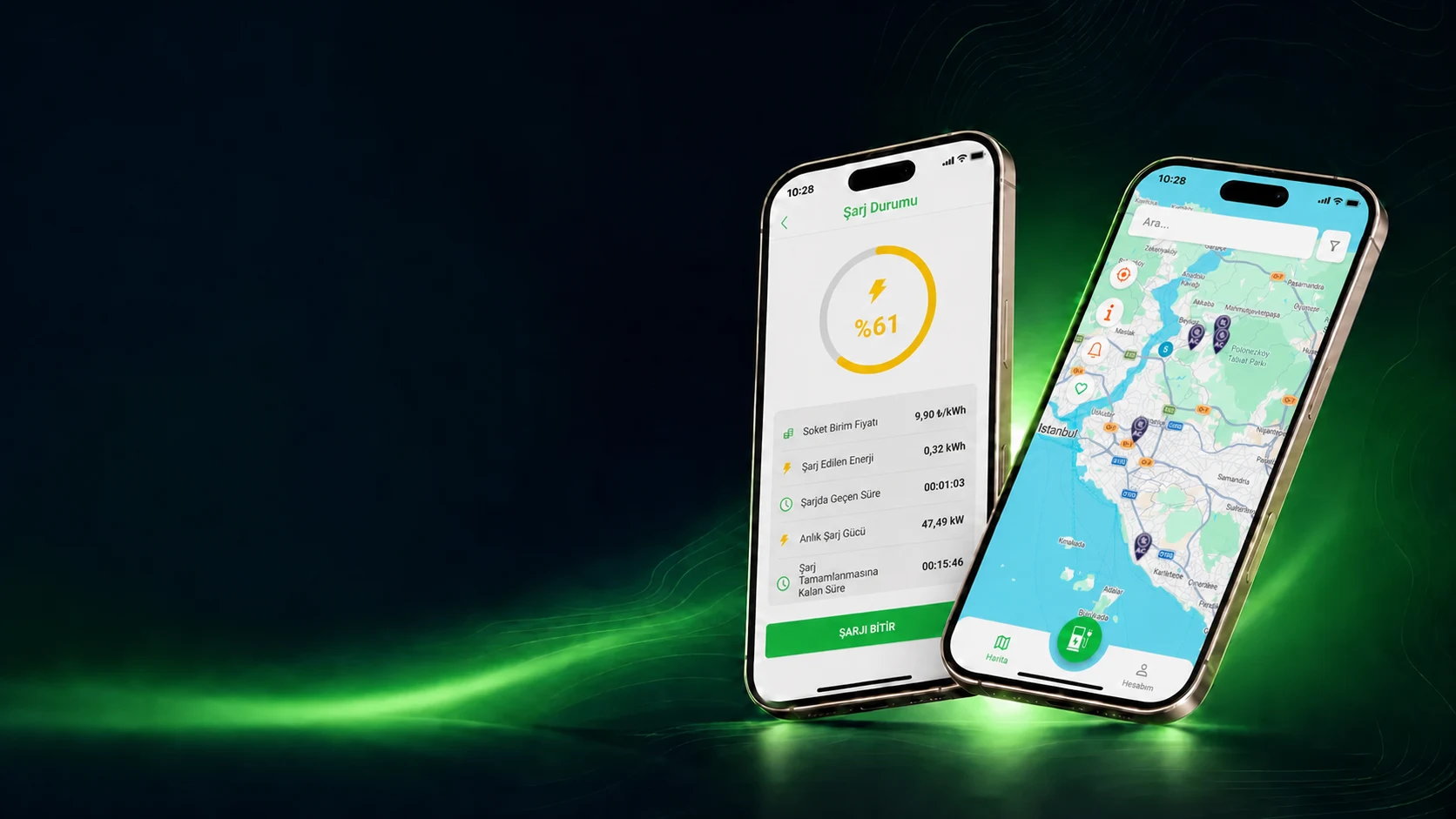 Electrise mobil uygulamasında şarj durumu ve istasyon haritası ekranları